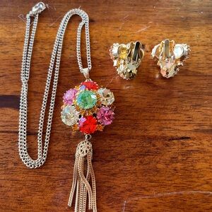 Colorful Vintage 1970’s Gemstone Tassel Necklace and Earring Set